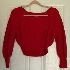 Francesca's Collections Red Off-Shoulder Cropped Cable Knit Sweater